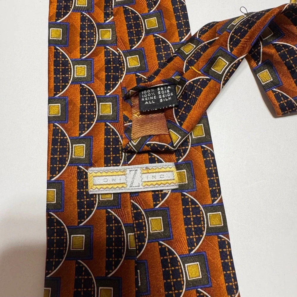 Zinc Men Geometric 100% Silk NeckTie Brown, Blue, Gold‎ Pattern, Business